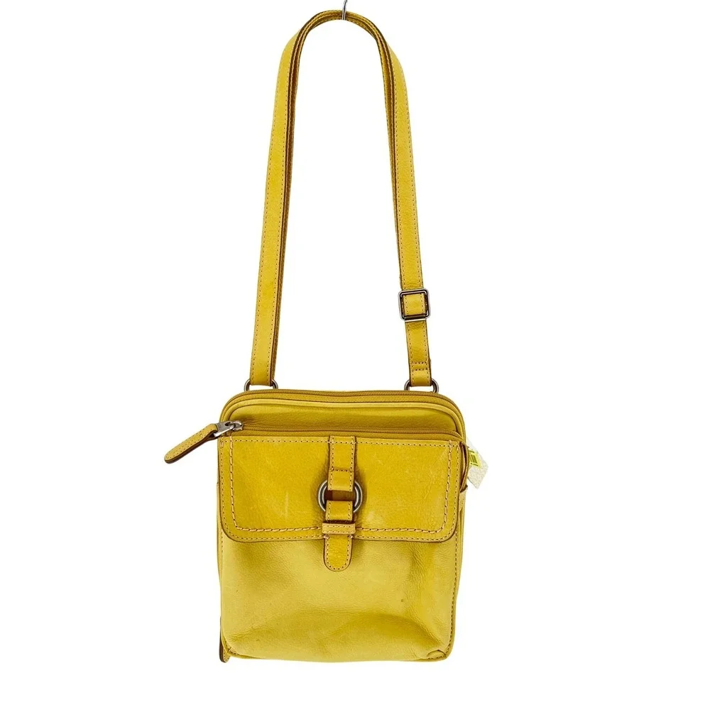 Fossil Leather Crossbody Bag Womens Yellow Adjustable Strap Travel Purse Y2K